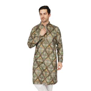 <b>Men's</b> Ethnic Kurta <b>Pajama</b> Set-Brown Traditional Printed Embroidered Dola <b>Silk</b> Festive Wear - Product Image 5