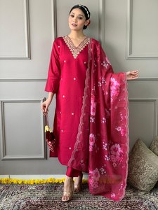 Women Embroidered <b>Red</b> <b>Silk</b> Salwar Kameez Set with Floral Dupatta Traditional Ethnic Wear for Wedding Occasion - Product Image 1