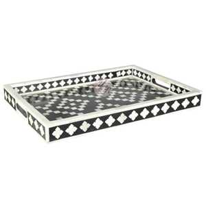 Plateau de service rectangulaire décoratif à motifs géométriques en os incrusté fait main - Product Image 6