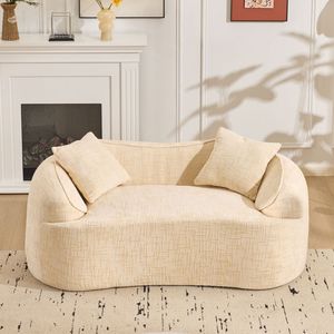 Divano Curvo Beige per Due Persone con Braccioli per Appartamenti di Piccole Dimensioni, Include Due Cuscini - Product Image 4