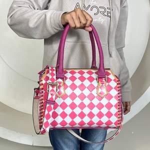 New Arrival Pink & White Checkered <b>Hand</b> <b>Tooled</b> Leather Speedy Bags Genuine Leather Crossbody Travel Small Duffel Bag for Women's - Product Image 4