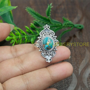 แหวนพลอยเทอร์ควอยซ์สีน้ำเงินทองแดง แหวนเงินแท้ 925 แหวนสไตล์โบโฮทำมือ แหวนสัญญา แหวนเครื่องประดับเทอร์ควอยซ์สุดพิเศษ ของขวัญ - Product Image 6