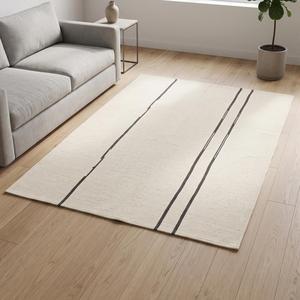 Tapis en laine tissé plat de qualité supérieure, couleur unie ivoire crème, style minimaliste scandinave, tissé à la main, antidérapant, à poils moyens, en toile de coton - Product Image 4