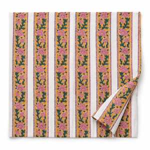 Tela de Algodón Voile Ligera, Tejida a Mano, Estampada con Bloques, 90GSM, Diseño Floral Rosa con Rayas Amarillas, Pinksa Fashion - Product Image 2