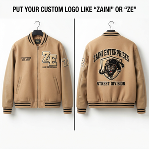Chaqueta Bomber Unisex de Invierno Premium, 420 GSM, Mezcla de Lana Color Bronceado, Mangas de Cuero Sintético, Resistente al Viento, Cierre de Cremallera, Capucha, Personalizada con Chenilla - Product Image 1