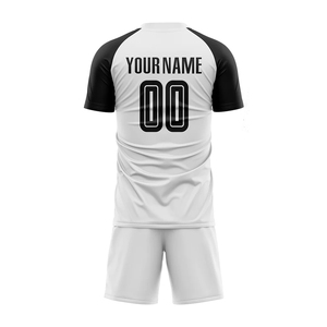 Ensemble de maillot de football personnalisé blanc et noir à manches courtes raglan, impression par sublimation, tissu respirant, vêtements d'équipe pour hommes - Product Image 3