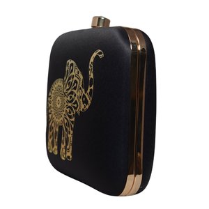 Elephant Print Clutch Metal <b>Frame</b> Hard Case with Satin Digital Fabric Raw Silk Interior and Crystal Stone Lock 7 x 6.5 In - Product Image 2