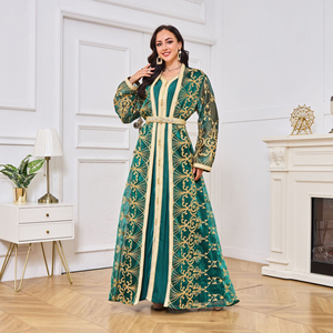 Conjunto de Dos Piezas de Abaya Verde Bordada en Poliéster, Vestido Musulmán de Manga Larga, Elegante para Fiestas y Eventos, Ropa Recta para Oración para Mujeres - Product Image 4