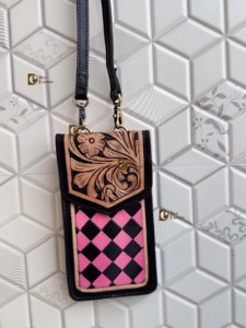 New Fashionable Phone Purse Handbag Hand <b>Tooled</b> Carving <b>Leather</b> Bag Big Size Bag Checkers Pattern <b>Pouch</b> Unique Designer Sling Ba - Product Image 1