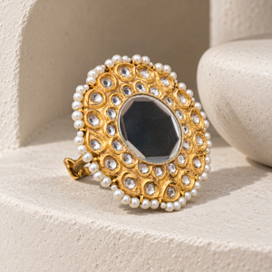 Gold Plated Round Mirror <b>Statement</b> <b>Ring</b> with Kundan Style Detail and Faux Pearl Border Wedding Jewelry Wholesale Bulk Supply - Product Image 3
