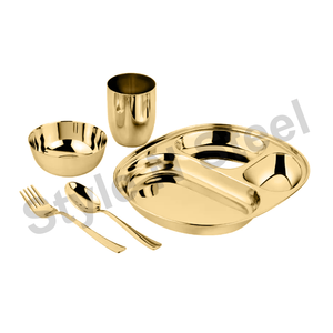 <b>Gold</b> Plated Stainless Steel Dinnerware Set Oval Tray Bowl Cup <b>Spoon</b> Fork Travel Durable Dishwasher Safe Glam Style - Product Image 1