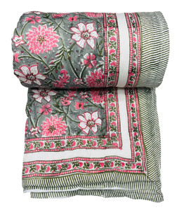 Lote al por mayor de colchas reversibles estampadas a mano con motivos florales, borde a rayas verde, rosa y gris, para uso doméstico en todas las estaciones, en stock. - Product Image 6