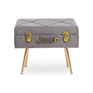 <b>Grey</b> Velvet Trunk Ottoman Features Tufted Top, Golden Latches And Sleek Metal Legs High Quality For Luxurious Home <b>Storage</b> - Product Image 1