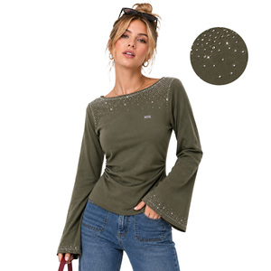 Trendy Long Bell Sleeve Sparkly <b>Rhinestone</b> women's shirt Elegant Boat Neck Ruched <b>Top</b> Premium Cotton Blend Custom Bling Blouse - Product Image 1
