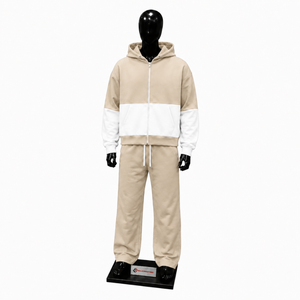 Conjunto Deportivo Color Beige y Blanco para Hombre, Sudadera con Cremallera Completa y Pantalones Jogger, Ropa Deportiva Casual Premium - Product Image 1