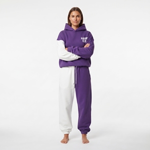 Ensemble de survêtement deux pièces à capuche pour femme, bicolore violet et blanc, en coton épais personnalisé, décontracté, à manches longues, coupe ample, pour usage quotidien - Product Image 2