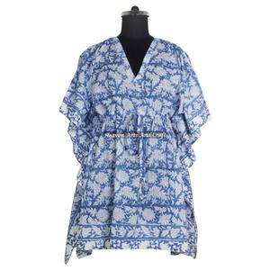 Robe kaftan en coton 100% de qualité supérieure, imprimée à la main, KFCS015, légère, pour femmes, tenue décontractée pour occasions spéciales, robe kaftan courte - Product Image 3