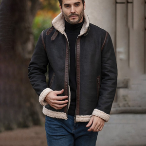 Men's Genuine Leather Bomber <b>Jacket</b> Sherpa <b>Lined</b> Zipper Closure Windproof Winter Moto Style Regular Fit - Product Image 3