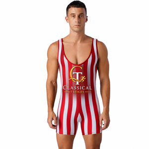 Maillot de lutte classique pour homme, rayé rouge et blanc, sans manches, ajusté, imprimé par sublimation, taille élastique, 100 % coton 240 g/m² - Product Image 1
