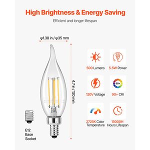 Lampadine LED Dimmerabili per Candelabri, Confezione da 12, Stile Vintage con Punta a Fiamma, Illuminazione Calda 2725K, 90 Colori, 6W, 120V/60Hz - Product Image 4