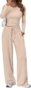 <b>Women</b> 2 Piece Yoga Set Off Shoulder Crop <b>Top</b> With Wide Leg Pants Solid Color Breathable Drawstring Waist High Waisted - Product Image 4
