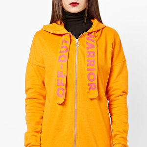 Women's Oversized Hooded Long Sleeve Sweatshirt Dress With Zipper And Letter Print In Orange Knitted Cotton Autumn Wear - Product Image 4