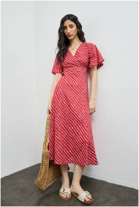 Vestido de Algodón con Rayas Rojas y Estampado Paisley, Corte en A - Product Image 2