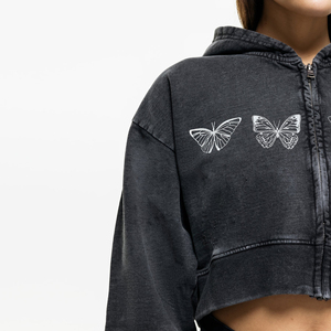 Sudadera Corta con Capucha para Mujer, con Bordado de Mariposa, Negra, Casual, con Cierre, Manga Larga, Tejida en Algodón, para Otoño - Product Image 6