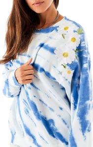 Sudadera Azul Tie Dye con Apliques Florales 3D de Margaritas, Rayas, Cuello Redondo Oversize, para Mujer, Algodón, Estilo Cottagecore, Relajada, OEM Personalizada - Product Image 5