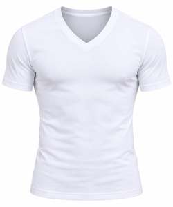 T-shirt en coton à col en V, coupe ajustée, manches courtes, jersey tricoté, couleur unie, design simple, longueur standard - Product Image 1