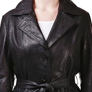 Double breasted long leather trench coat for women with waist belt and front buttons for office or travel - Product Image 5