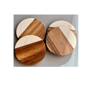 Ensemble de 4 sous-verres en pierre et bois de marbre à bande blanche et brune pour café boisson thé Dinig Table décoration moderne sous-verre - Product Image 4