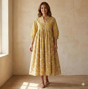 Bohemian Yellow Floral Block Print Cotton Midi <b>Dress</b> With Puff Sleeve <b>Loose</b> Fit V-Neck Summer <b>Dress</b> For Women - Product Image 1