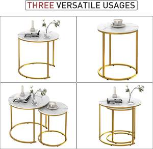 <b>Round</b> <b>Nesting</b> <b>Coffee</b> <b>Table</b> White & Gold Finished Modern Living Room <b>Tables</b> with Wooden Top Sturdy Metal Legs - Product Image 2