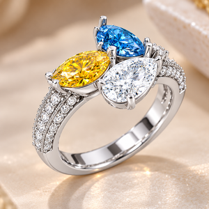 Anillo de Diamantes Cultivados en Laboratorio, Diseño Moderno, con Tres Diamantes, un Amarillo Marquise y un Azul Pera, Certificado IGI, Oro, Joyería Personalizada OEM - Product Image 2