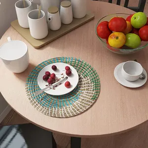 Handmade Teal Pattern Seagrass Placemat Natural Straw Table Mat Green Striped Coaster Decorative Place Mat Modern Party Supply - Product Image 2