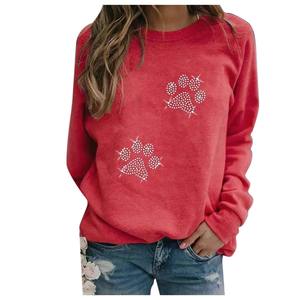 Women's Red Hooded Fleece Sweatshirt with <b>Sequined</b> Paw Print Embroidery Design Casual Winter Wear Full Sleeve Knitted <b>Top</b> - Product Image 1