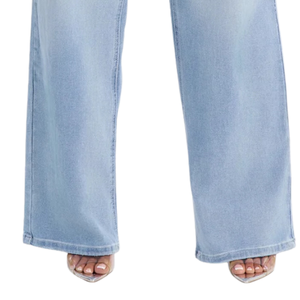 Jean en denim bleu clair pour femme, coupe large, taille mi-haute, décontracté, ample, respirant, en coton extensible, longueur complète, mode, pour tous les jours - Product Image 5