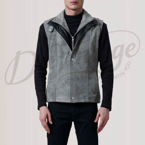 Chaleco de Cuero de Gamuza Gris Personalizado para Hombre, Cierre de Cremallera Doble, Corte Ajustado, Cuello Alto, Estilo Casual - Product Image 3