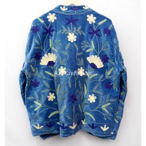 Chaqueta Varsity Azul Terciopelo con Bordado Floral, Ecológica, Transpirable, Cuello Mao, Manga Larga, Estilo Prairie Chic para Mujer - Product Image 6