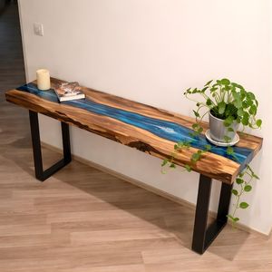 Table console rectangulaire en résine époxy Blue River, bois à bords naturels, meuble d'entrée fait main, accent moderne pour couloir, durable - Product Image 1