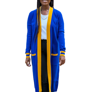 Cardigan long en laine/cachemire bleu roi et or SGRho, tricoté pour l'hiver, avec poches et poignets rayés, design royal à ouverture frontale - Product Image 1