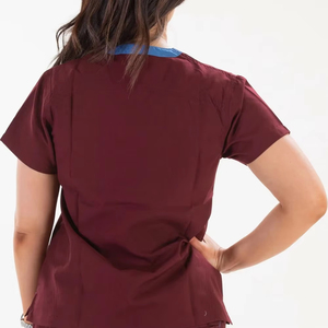 STITCH LAB Blouse médicale unisexe bordeaux à manches courtes, col en V, poches, uniforme d'hôpital, tissu tissé respirant et extensible - Product Image 5