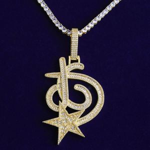 Collier pendentif étoile en cuivre plaqué or avec zircon incrusté, chaîne à maillons, bijoux hip-hop avec pendentif étoile lettre pour hommes et femmes - Product Image 1