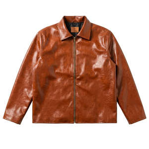 Men's Brown Genuine <b>Leather</b> <b>Jacket</b> Zipper Closure Casual <b>Winter</b> Wear Regular Fit Solid Color Front Logo Breathable Eco-Friendly - Product Image 2