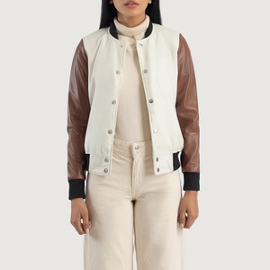 Women's Black Varsity <b>Jacket</b> With Faux <b>Leather</b> Sleeves Button Closure Stand Collar Autumn Wear - Product Image 4