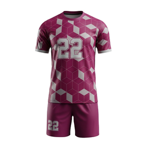 ชุดฟุตบอลสีชมพูลายเรขาคณิต ผ้าโพลีเอสเตอร์ 100% ป้องกันแบคทีเรีย แห้งเร็ว ชุดแข่งฟุตบอลแบบสั่งทำพิเศษพร้อมกางเกงขาสั้น - Product Image 1