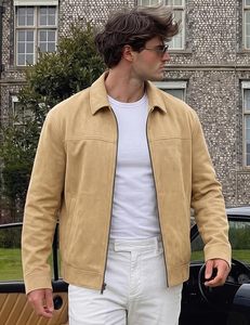 Men's Tan <b>Suede</b> <b>Jacket</b> Turn-down Collar Zipper Closure Casual Regular Length Autumn Wear - Product Image 4