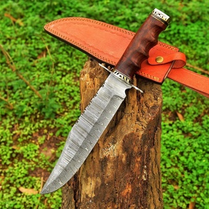Cuchillo de caza de hoja fija de acero de Damasco forjado a mano, punta caída, mango de cuero, 0.5mm de grosor, afilado como una navaja, hoja recta - Product Image 5