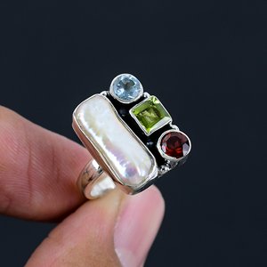 Bague en argent sterling 925 massif, sertie de pierres précieuses naturelles et de perles, forme fantaisie, faite à la main - Product Image 2